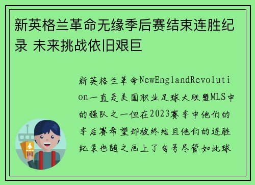 新英格兰革命无缘季后赛结束连胜纪录 未来挑战依旧艰巨